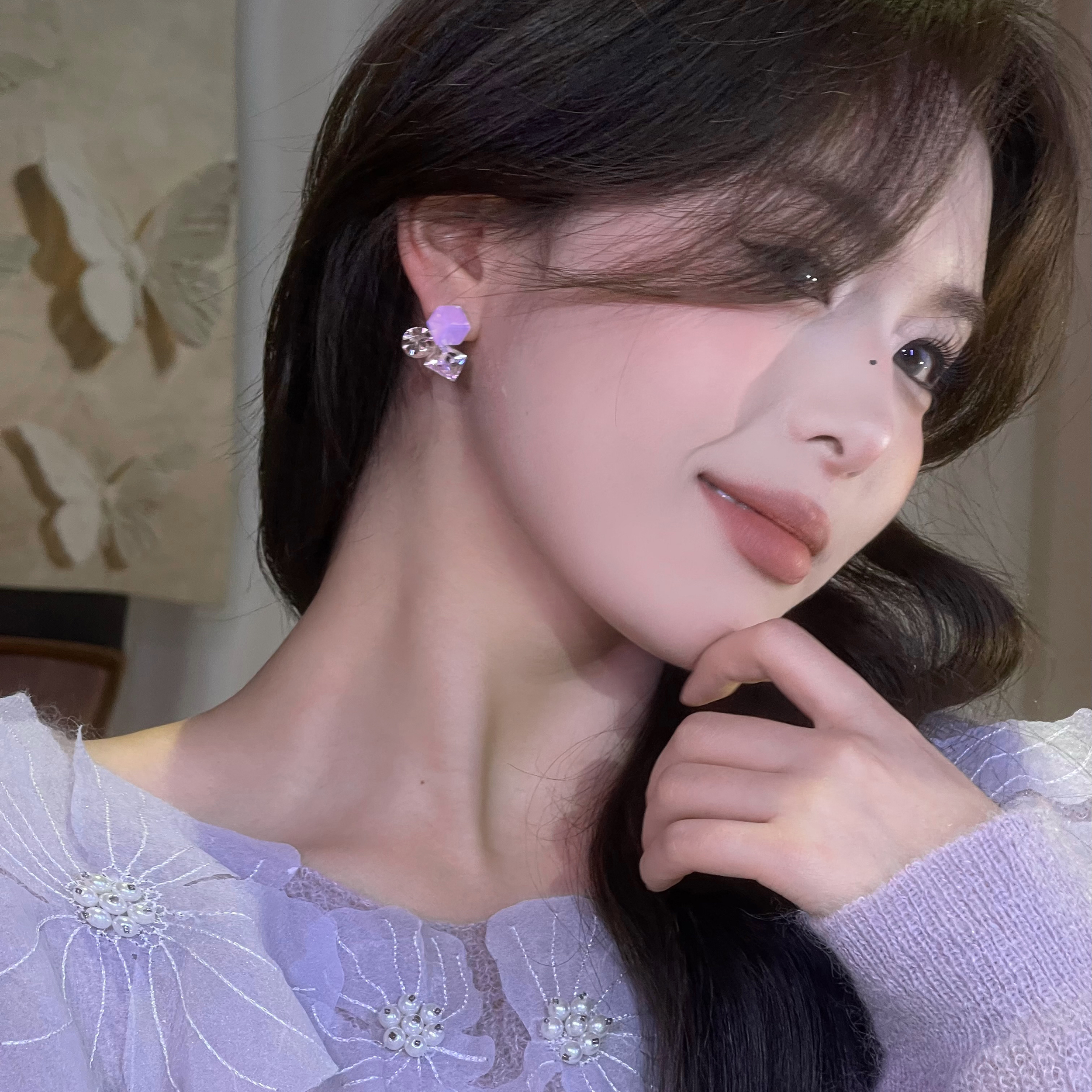   F173方糖拼接耳钉高级百搭小众温柔简约气质少女时尚