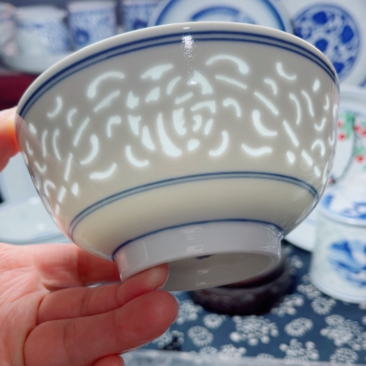 青花玲珑5寸饭碗满雕双福双线