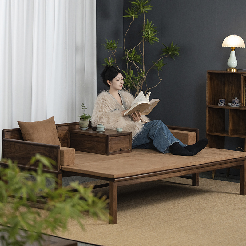 溪山赋北美黑胡桃新中式推拉罗汉床实木简约榫卯家具客厅沙发榻