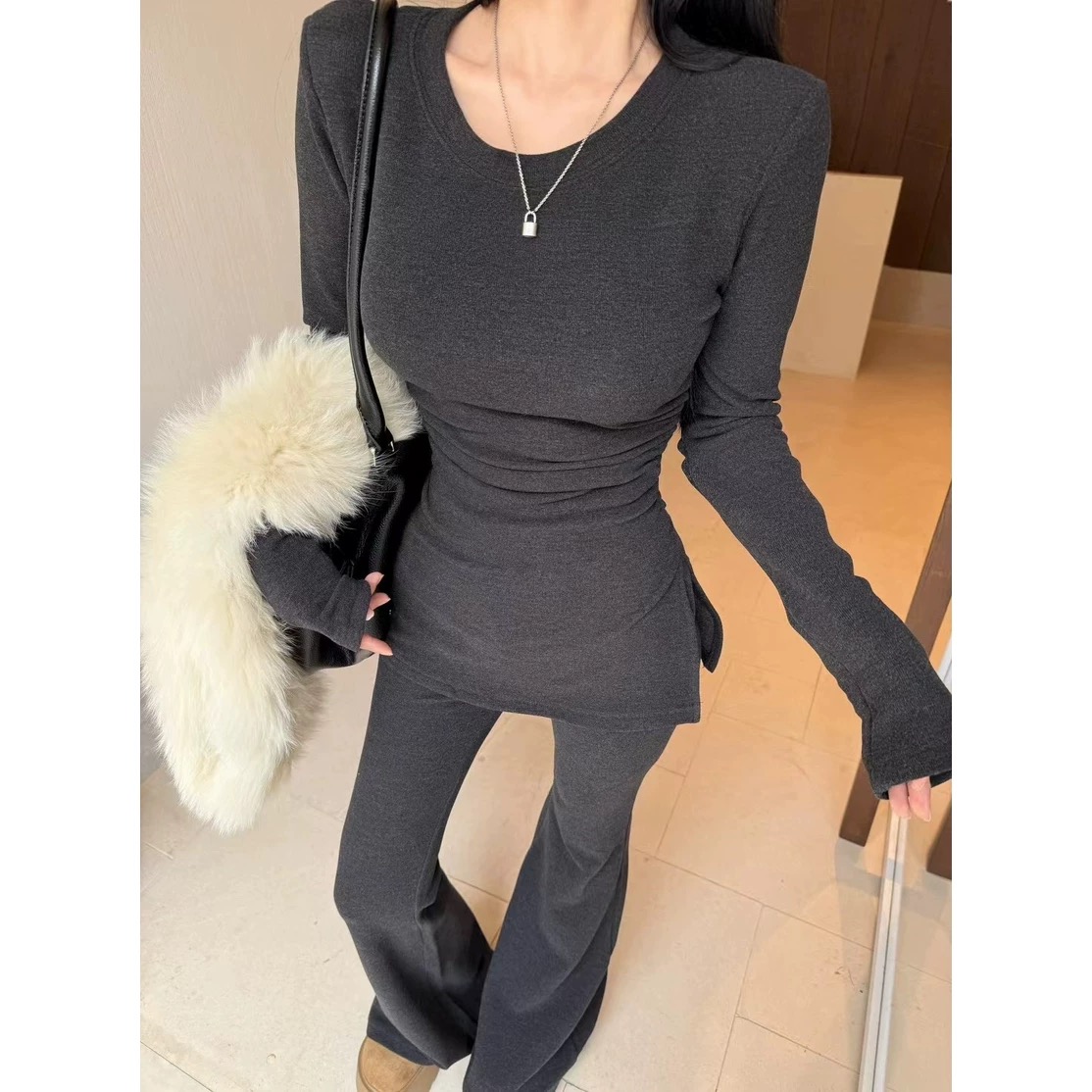 Nice-秋冬慵懒风简约纯色开叉长袖上衣搭配阔腿裤套装