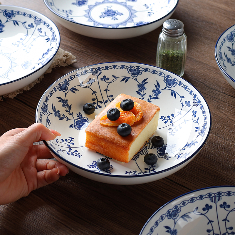 瓷县令8英寸复古青花跹枝盘釉下彩工艺华禧盘中式陶瓷家用菜盘6只