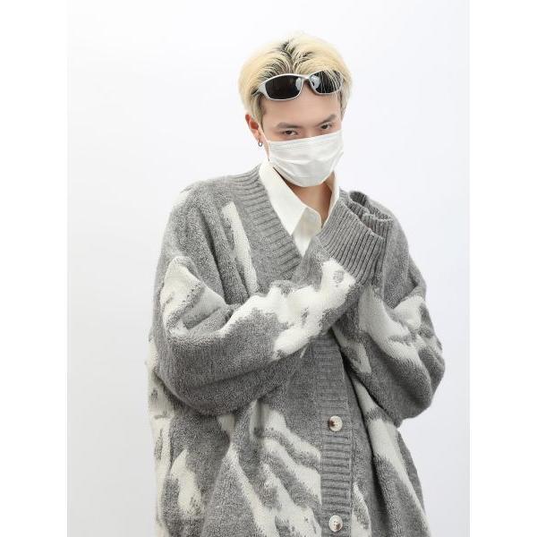 323-BY秋冬季潮流开衫毛衣男女复古休闲慵懒风V领针织衫上衣外套