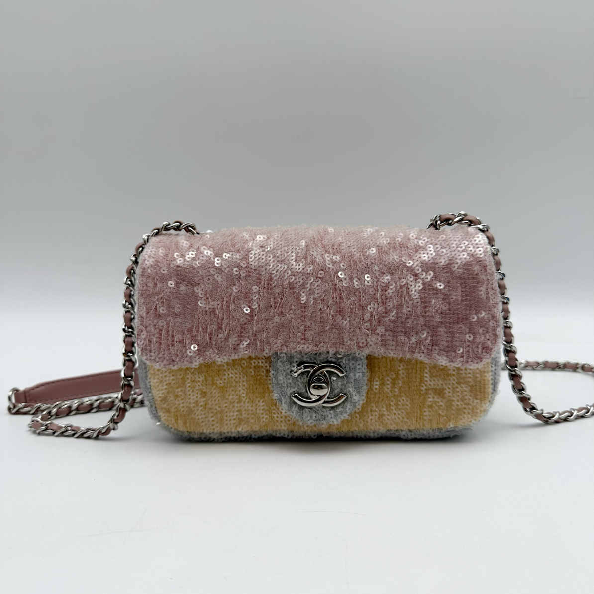95新 Chanel/香奈儿 亮片拼色CF银扣大mini链条包85047