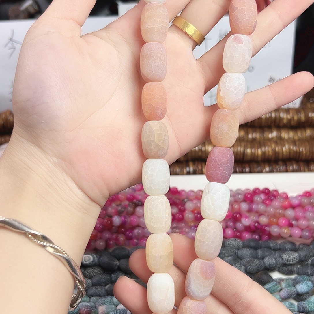 玛瑙/玉髓合金珠宝半成品h640 13*18m 药霜龙鳞纹桶珠一条