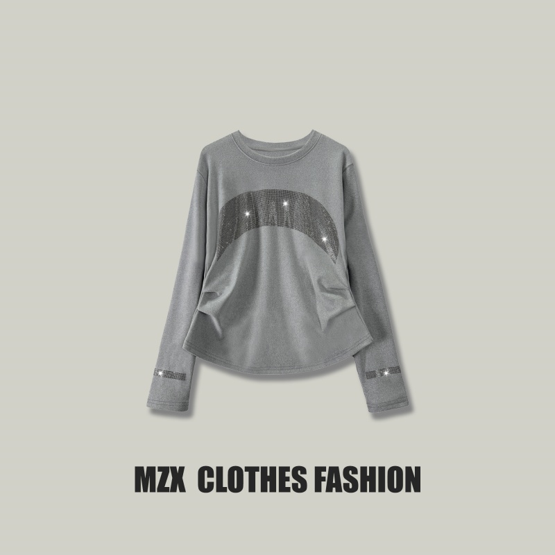 2025春季新款保暖打底衫女设计感时尚烫钻修身长袖气质显瘦上衣女