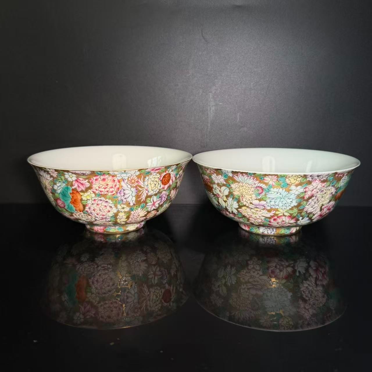 Lo21-C金地百花碗一对乾隆年制款H:7cmD:15-LF12090040001029