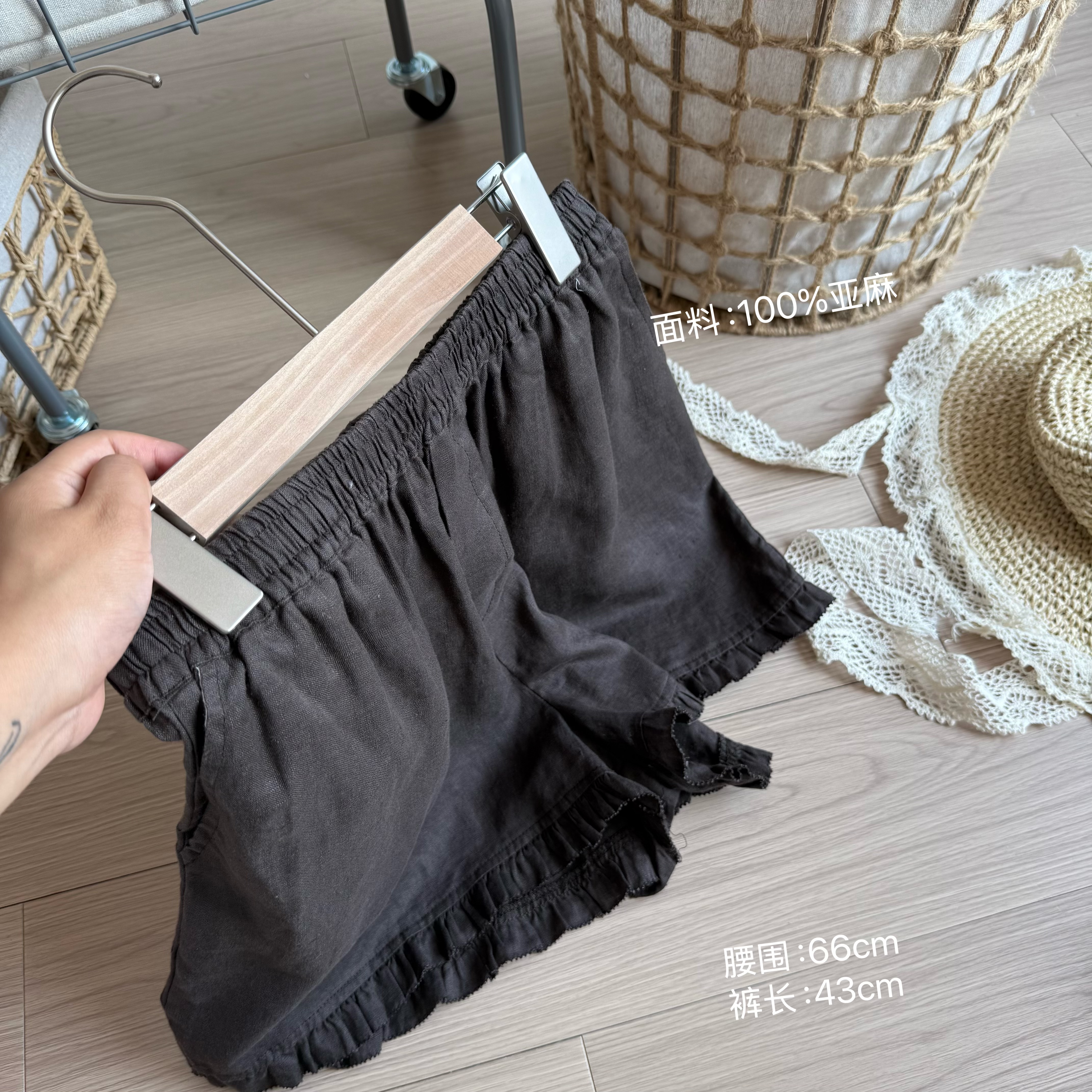 小柒家Y414-纯色亚麻花边休闲短裤百搭夏季时尚阔腿裤净版直筒裤