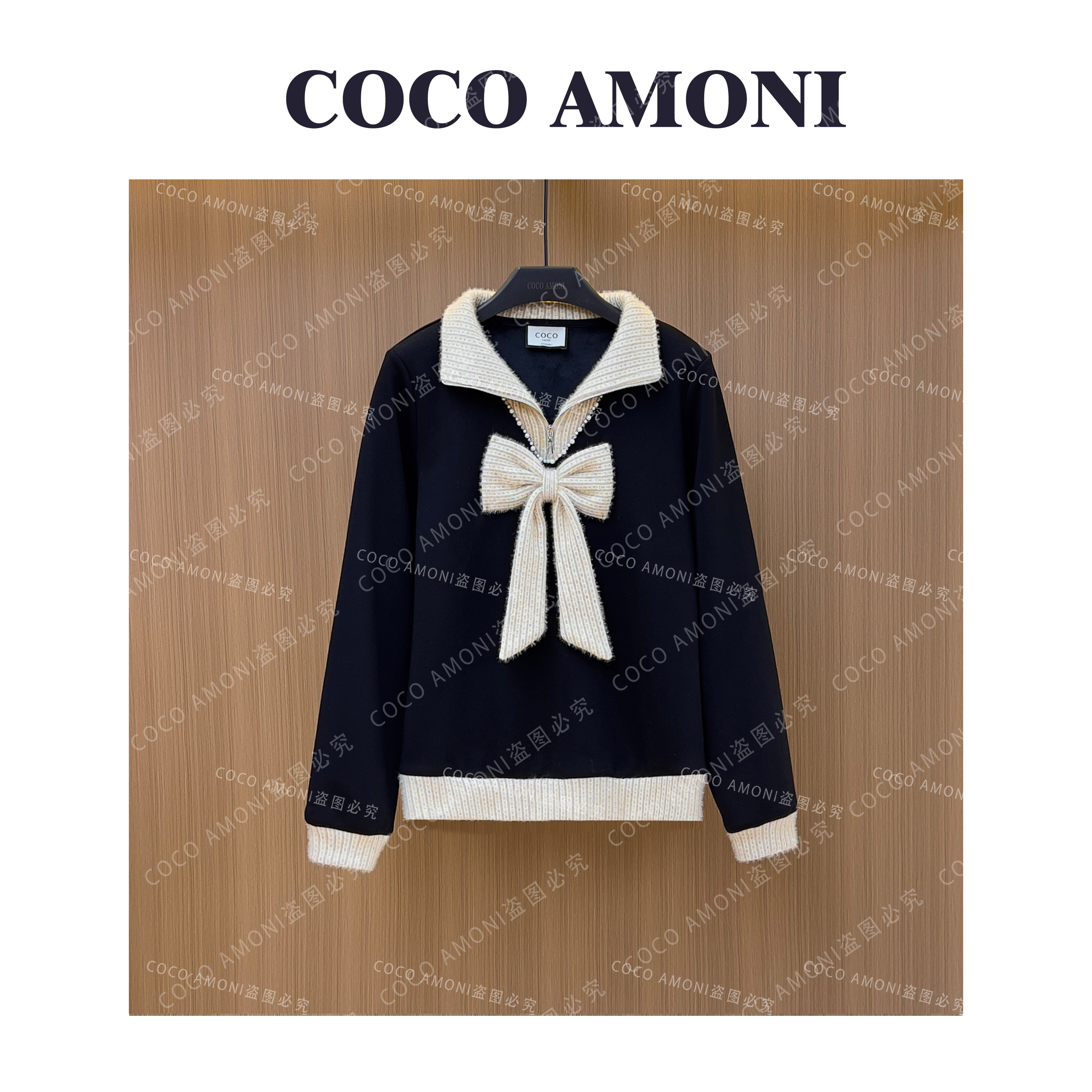 [曼姐]设计师新款时尚原创女装拼接重工蝴蝶结减龄显瘦卫衣LDD078