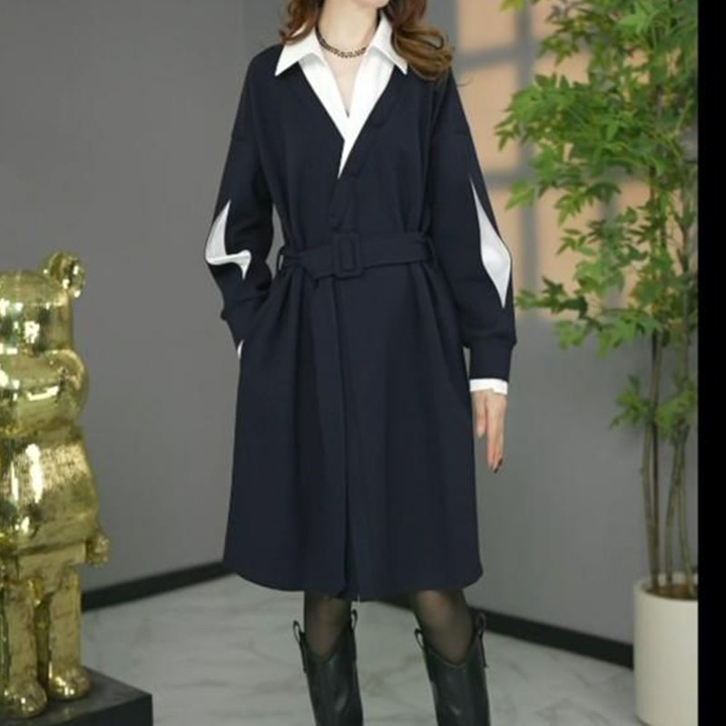 时尚假两件连衣裙女2025春宽松衬衣领通勤风中长款气质裙子