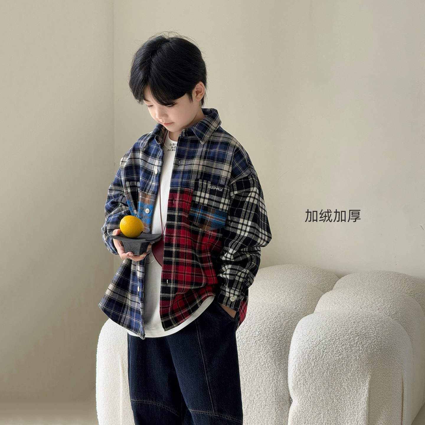 男童加绒衬衫2025冬季新款中大童加厚格子衬衣外套