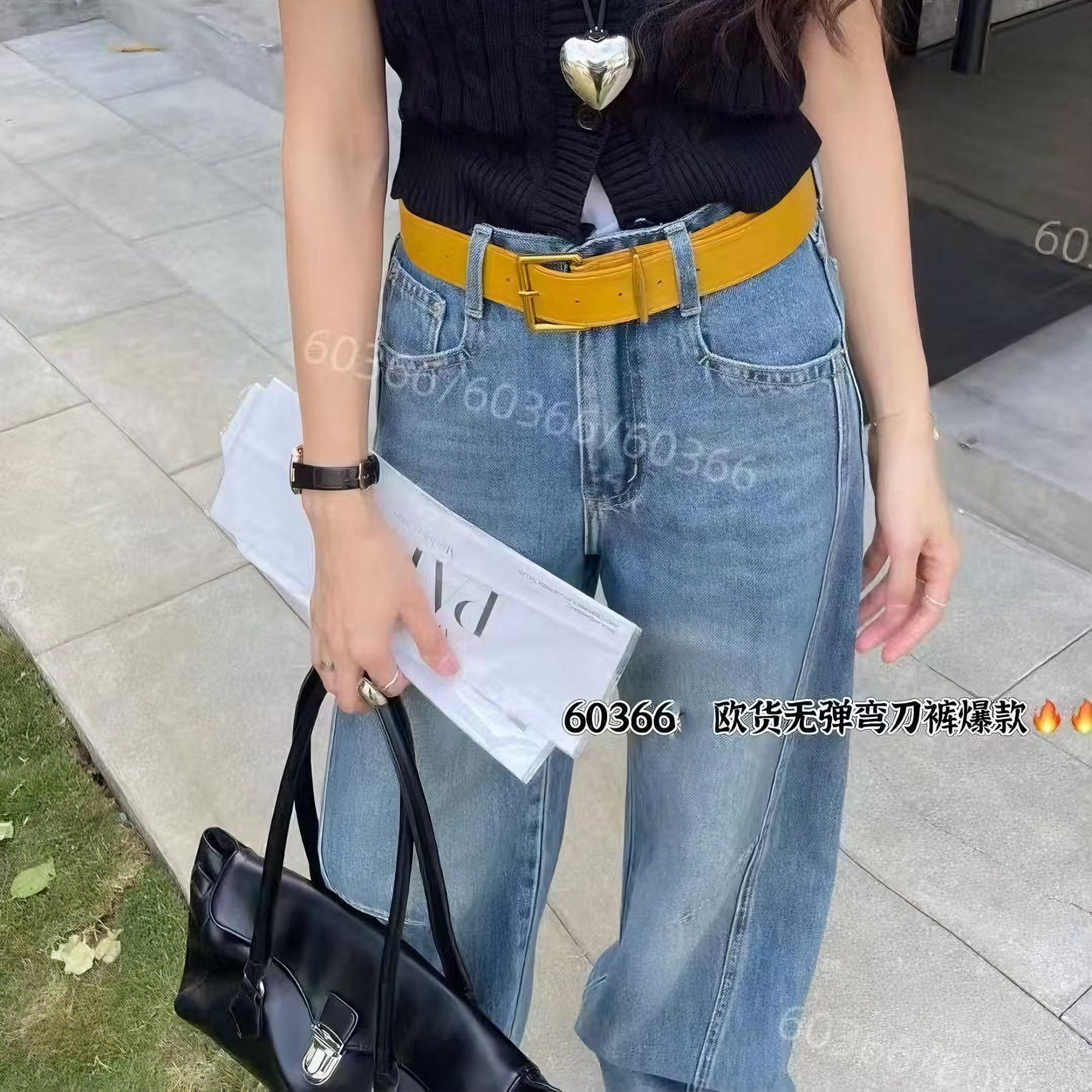 【依尚精选】欧货现货女高腰无弹常规牛仔裤小众时尚拼接套装夏季