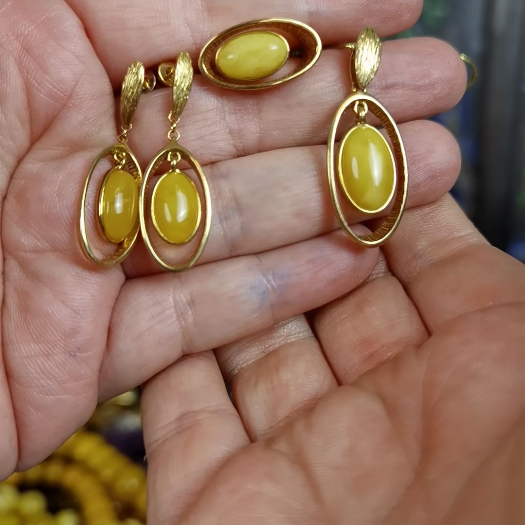 琥珀耳饰银S925镀金镶嵌套装