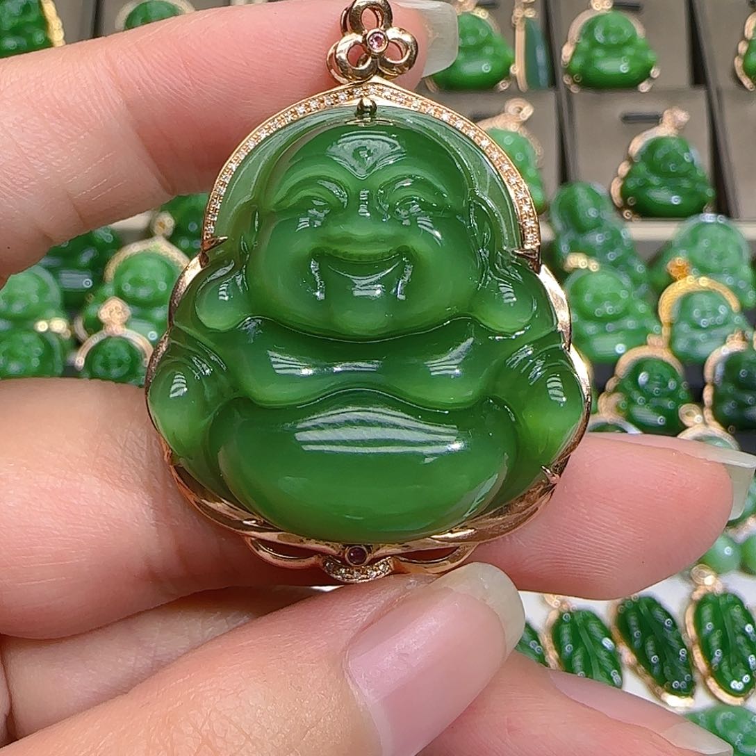 和田玉（碧玉）吊坠(不含链)18K金镶嵌