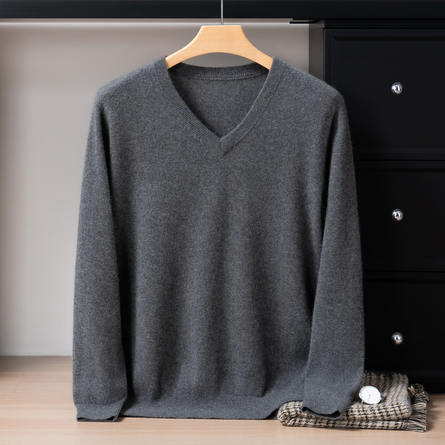 rhs03-V领100%纯山羊绒男士毛衣商务秋冬针织打底衫【约280克】