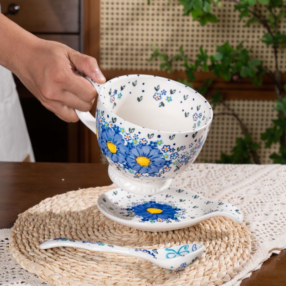 【勿忘我早餐杯三件套】釉下彩手绘760ml陶瓷早餐杯三件套带礼盒