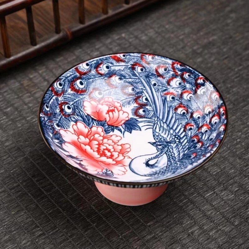 高足家用中式陶瓷茶点果盘茶道配件孔雀干果盘LX1645