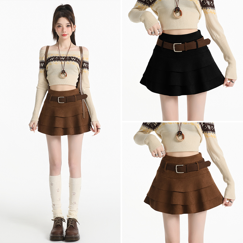 大码胖MM百搭辣妹美拉德风高腰蛋糕半身裙女显瘦A字短裙腰带裙子