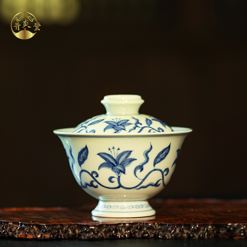 QINGYANTAN/青炎堂青花瓷盖碗纯手工手绘百合纹泡茶盖碗陶瓷茶具