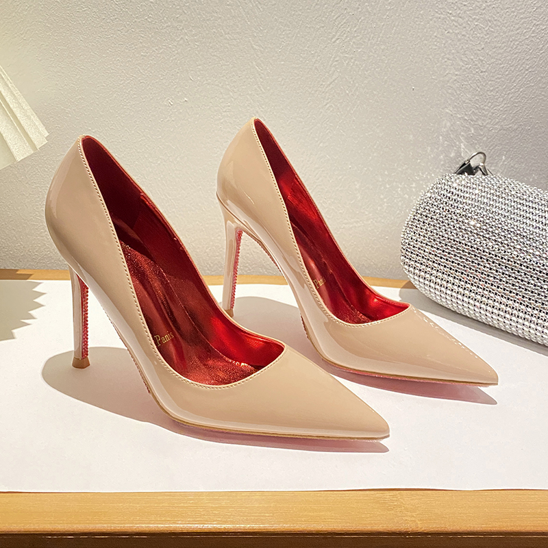 2025新款尖头细跟水钻单鞋气质名媛性感斩男裸色红底高跟鞋女