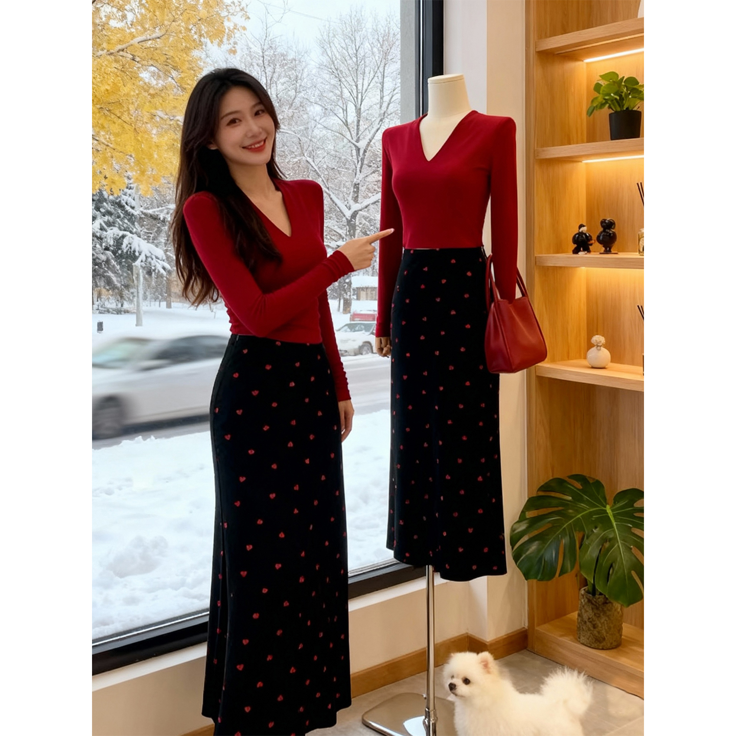 2026春秋新款纯色简约V领气质上衣女小桃心印花高腰半身裙两件套