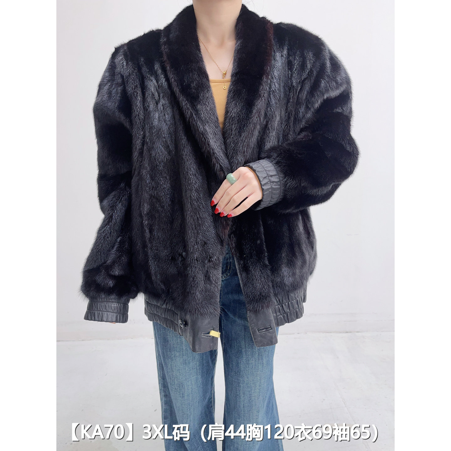 【KA70】3XL 棕黑色短款双面穿水貂大衣女 睡袍领泡泡袖 25070