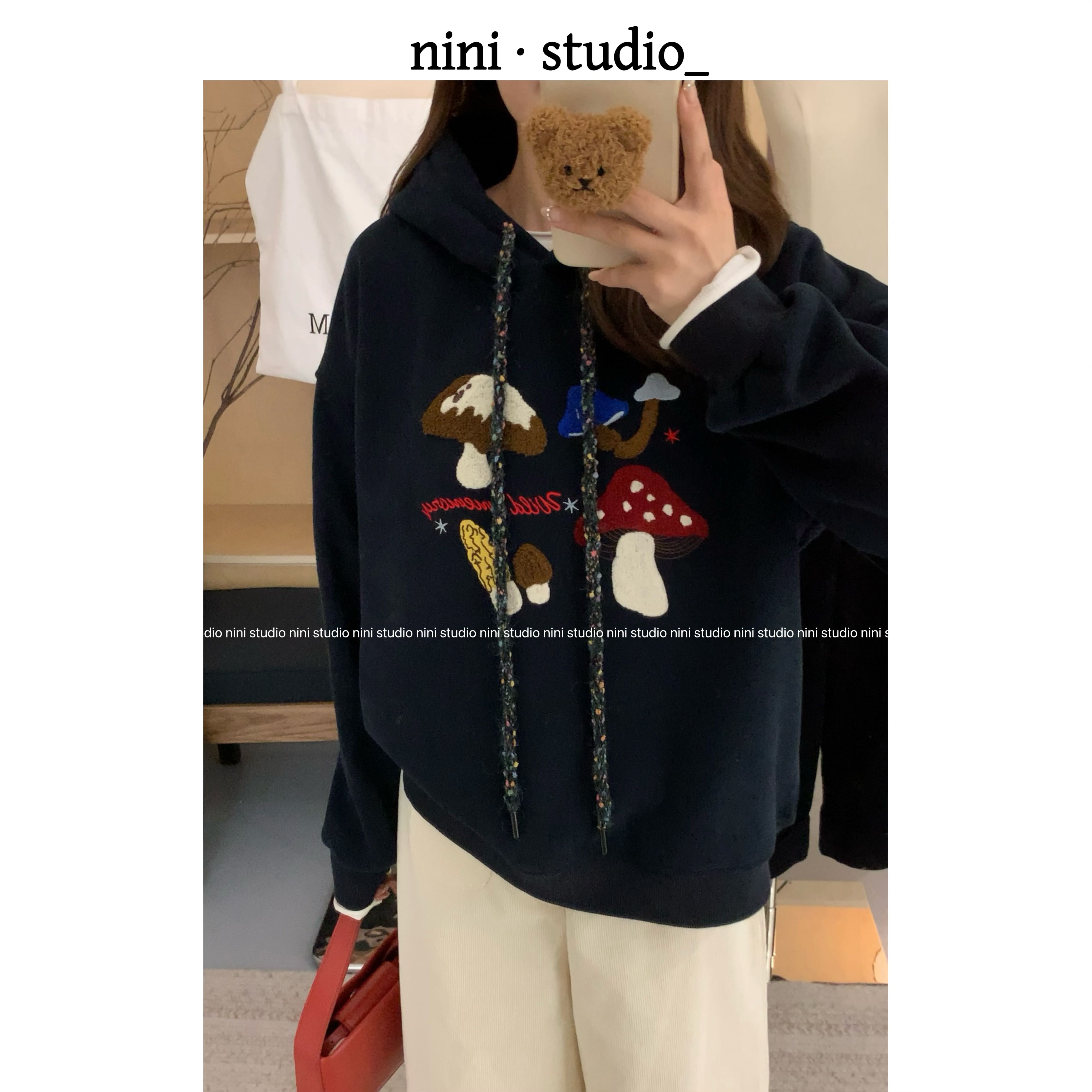 nini·重工刺绣蘑菇韩系ins风刺绣宽松卫衣