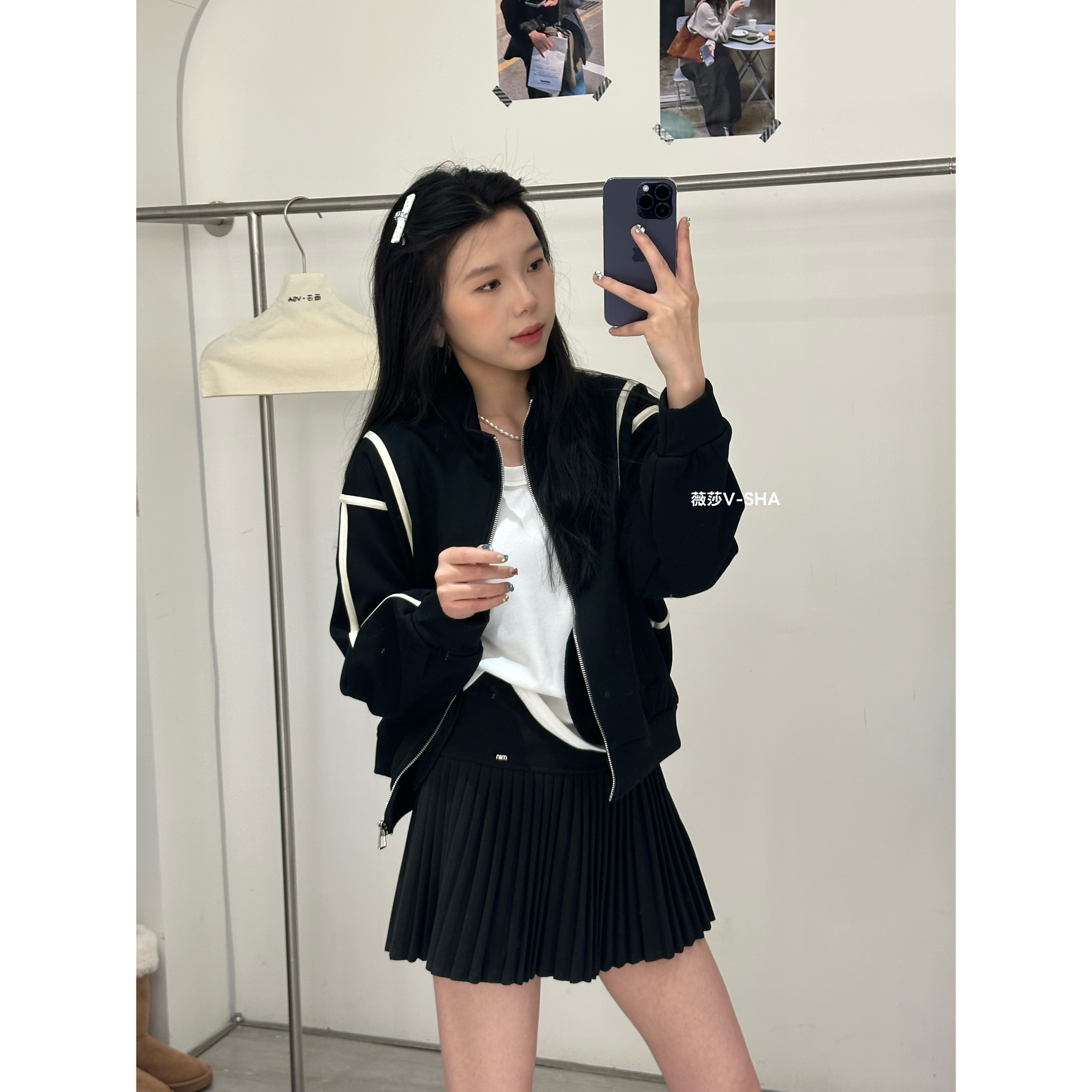 薇莎9617撞色杠条加绒卫衣开衫外套小个子棒球服宽松夹克卫衣