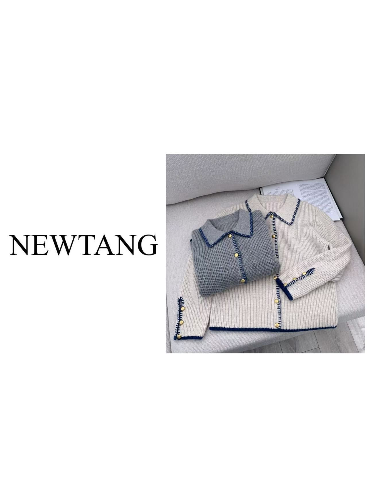 【奶油糖霜】189女外穿长袖百搭蓝边金扣宽松显瘦毛衣外套