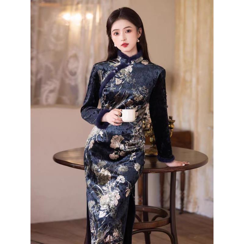 恬子梦 T946 冬季新款 金枝玉叶 裙长120 加绒加厚拼接长袖旗袍