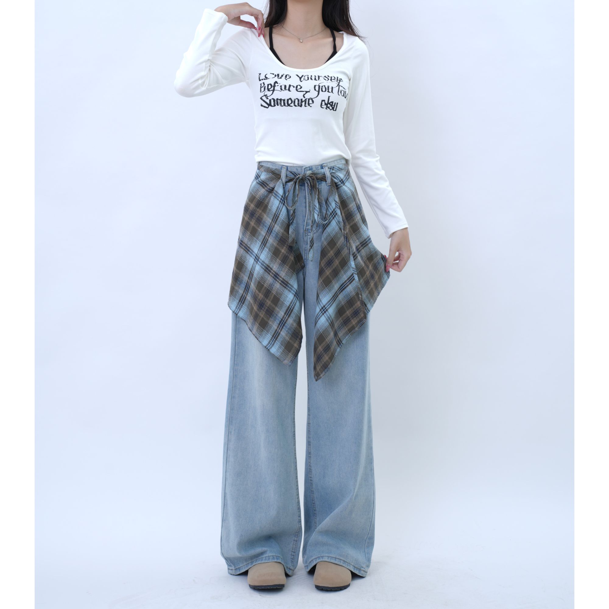 【送蓝格子屁帘】7494 W秋季新显瘦阔腿牛仔裤女高腰直筒牛仔裤子