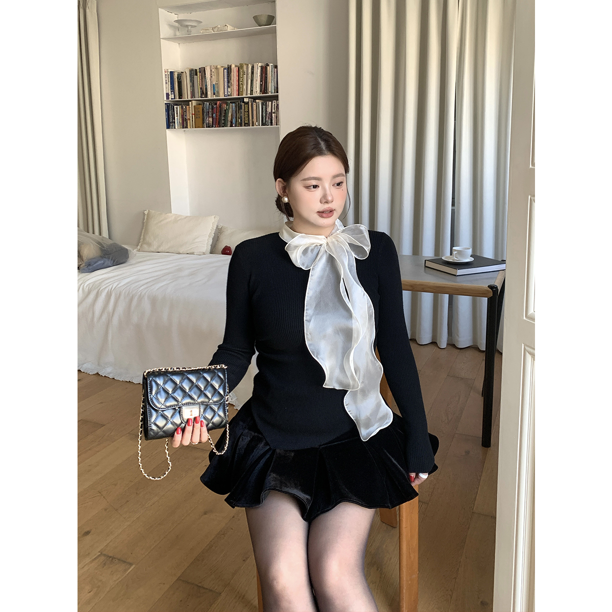 王葡萄微胖mm长袖针织衫秋冬新款修身显瘦丝巾飘带内搭上衣DM1438