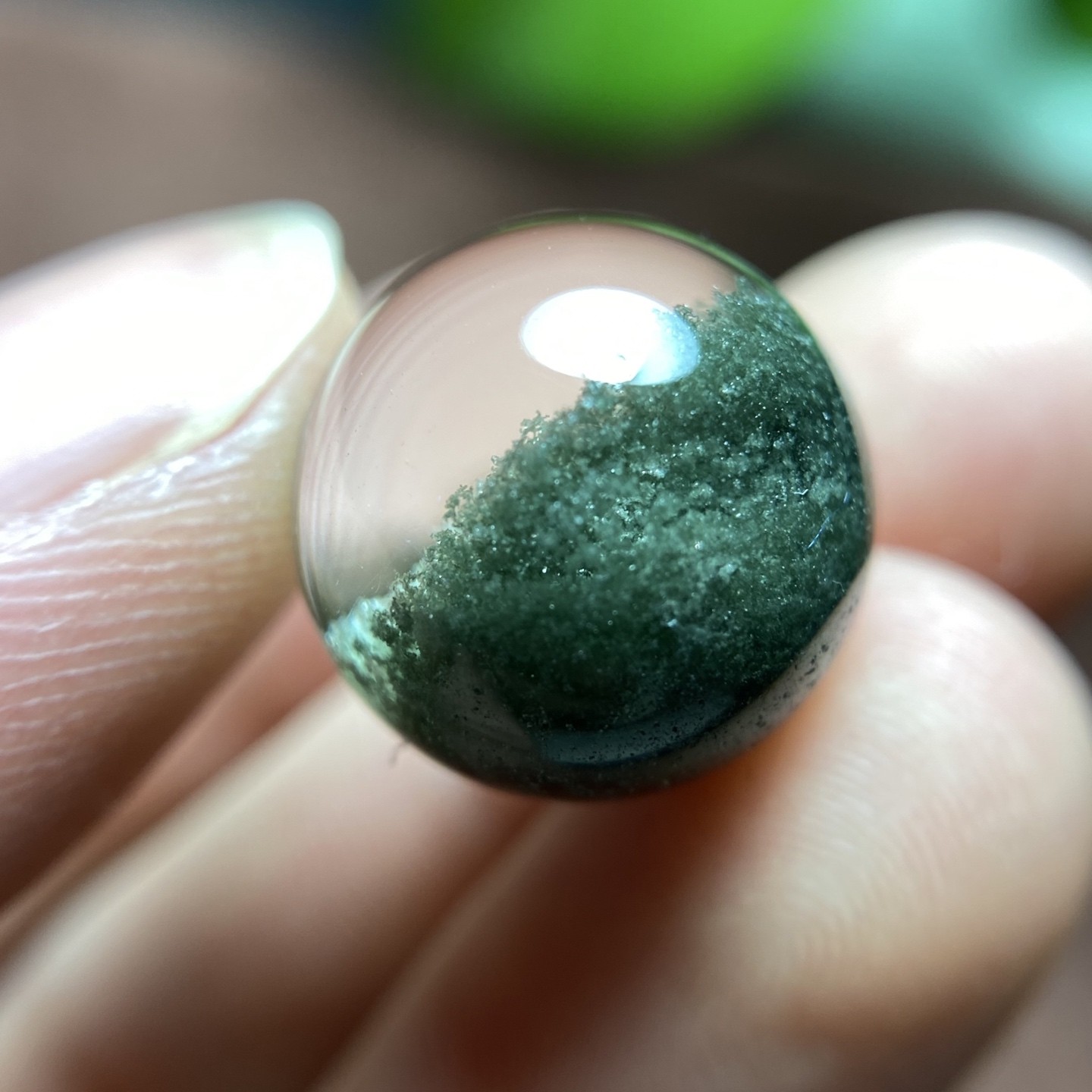 巴西天然水晶绿幽灵聚宝盆单珠，转运珠，尺寸：14.1mm，重: 3.9克