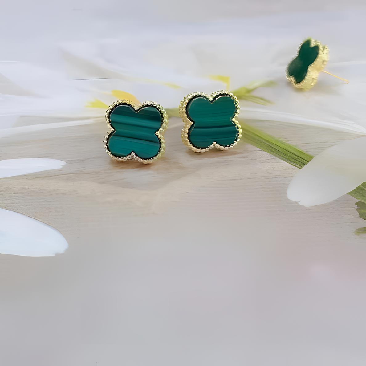  四叶草耳钉18k金au750正品 天然孔雀石耳钉 时尚高贵气质女士