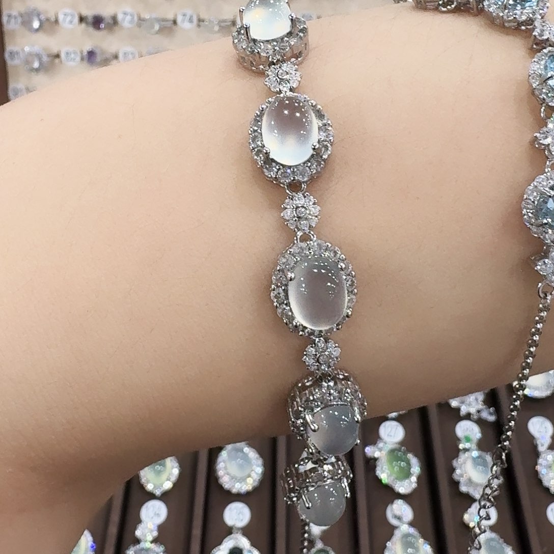 银S925镶嵌蛇纹石玉手链傀*＇