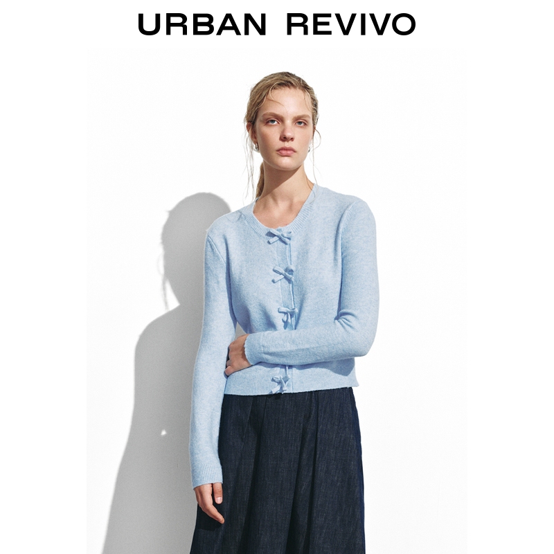 UR2025秋季新款女装休闲蝴蝶结短款针织开衫UYL950225+