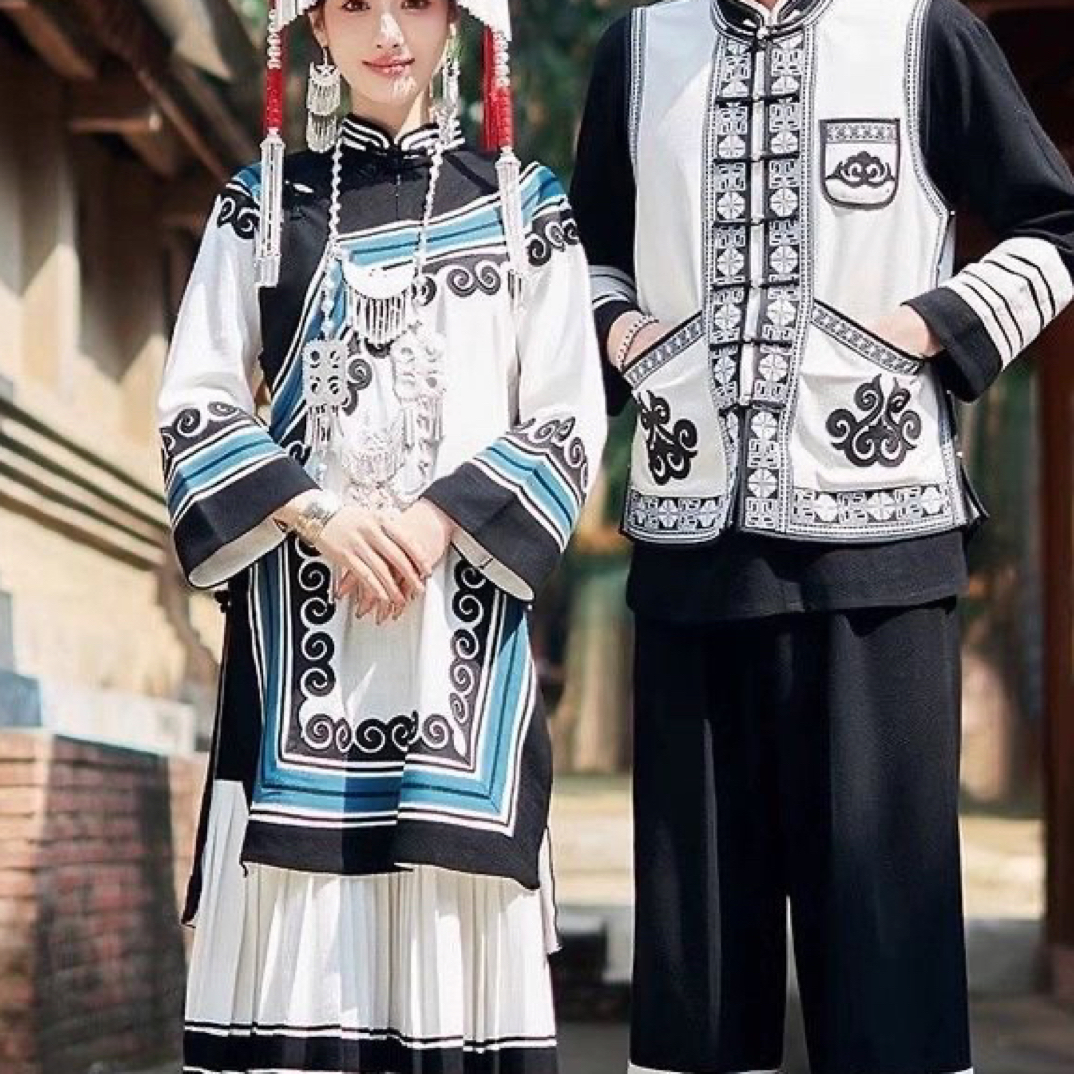 彝族民族风白色长款棉麻女装时尚旅拍写真套装