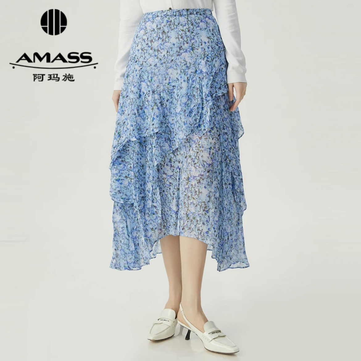 阿玛施AMASS新款女装早春复古浪漫碎花不规则伞裙半身中裙5200460