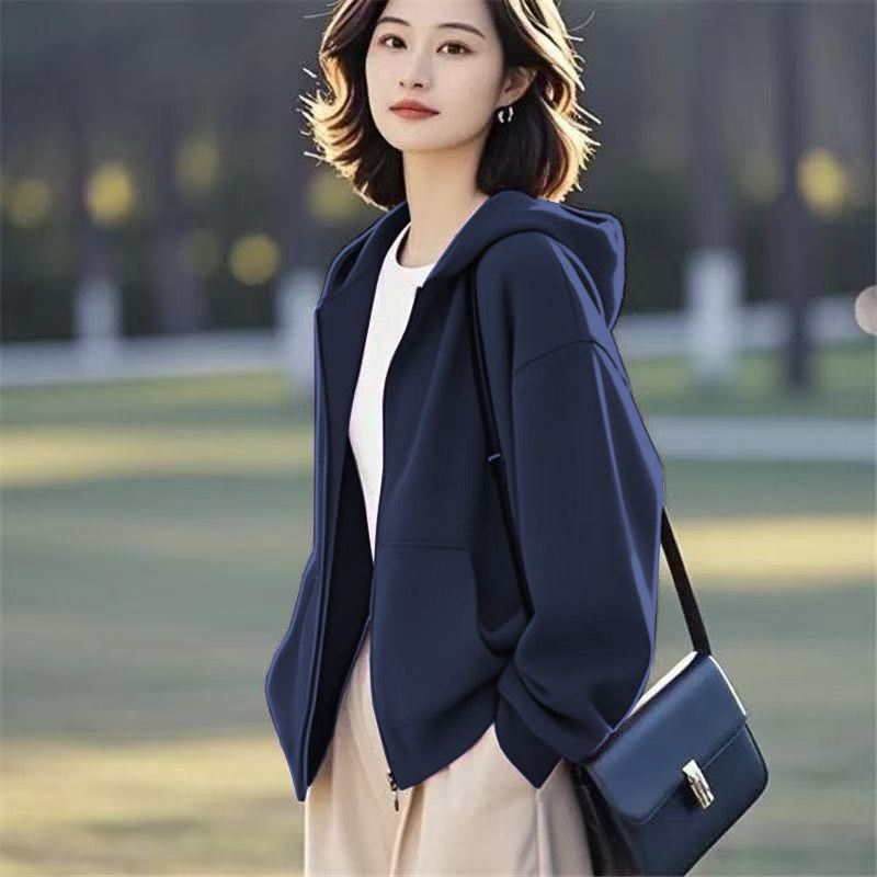 卫衣外套女春秋新款拉链女简约通勤小个子短外套宽松外套长袖休闲