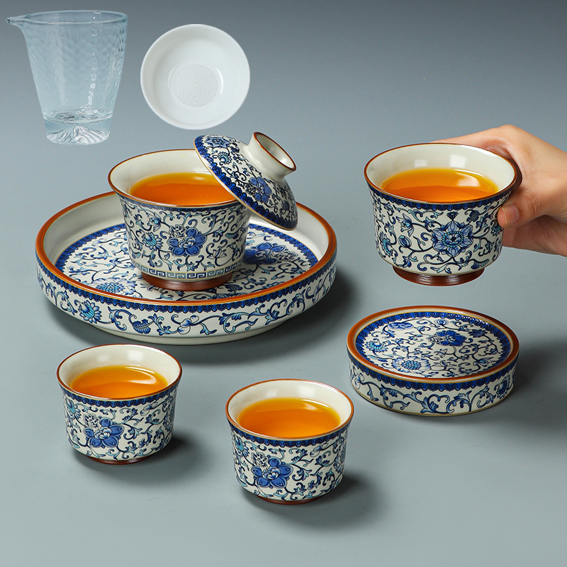 汝窑悬停可旋转金丝开片缠枝莲三才盖碗简约家用功夫茶具泡茶器