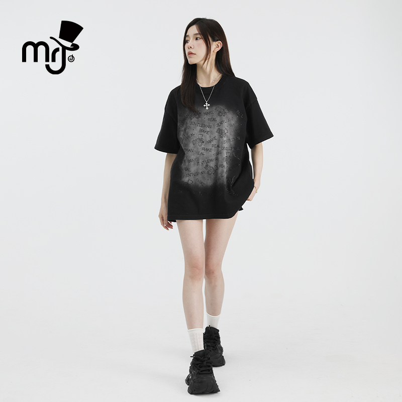 周杰伦原创品牌MRJ碎钻银河T恤满天星春夏情侣印花短袖黑色韩风T