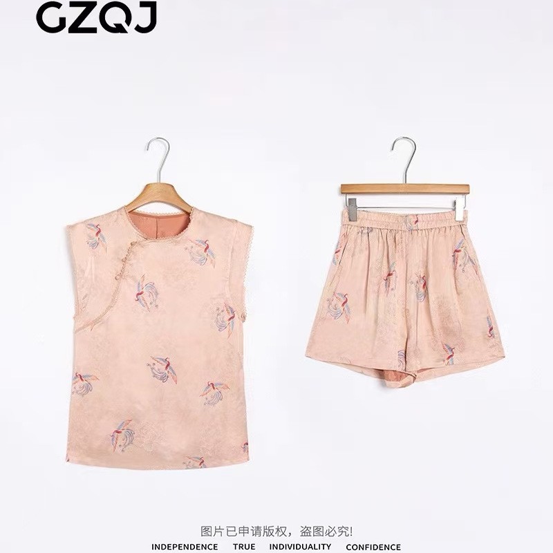 077新中式国风两件套装女夏季轻奢花边上衣+休闲短裤子