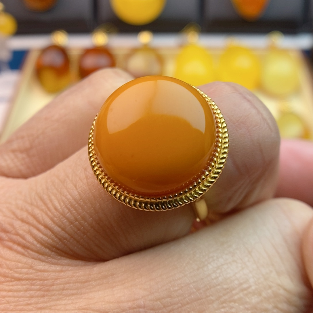琥珀戒指银S925镀金镶嵌