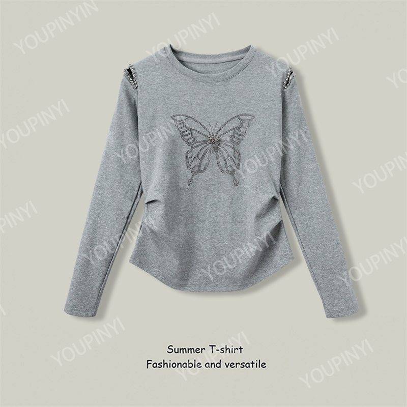 打底衫上衣女2025秋冬新款重工蝴蝶烫钻钉珠设计感显瘦时尚上衣女