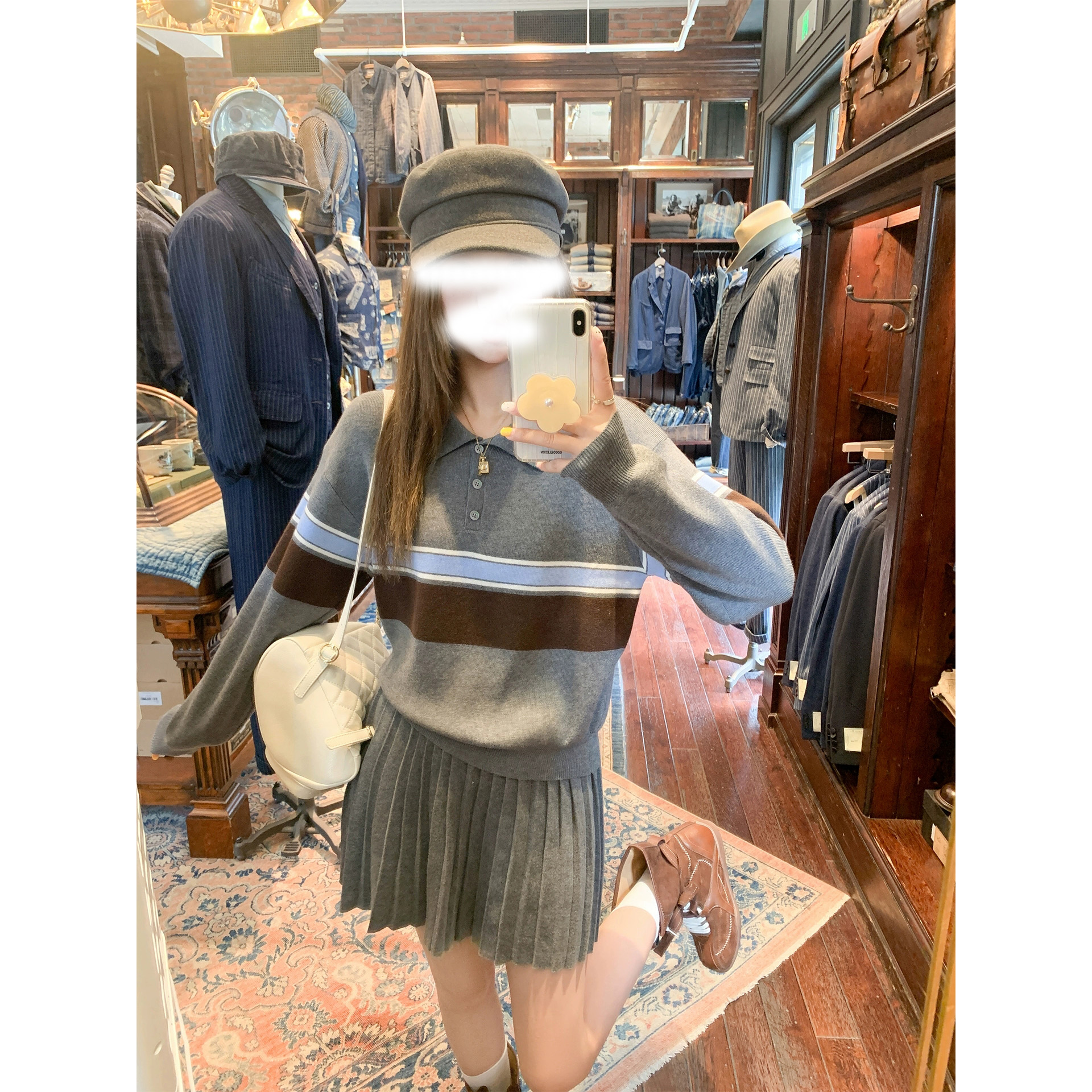 秋装氛围感穿搭灰色条纹polo领针织衫女长袖上衣裙子套装时尚毛衣