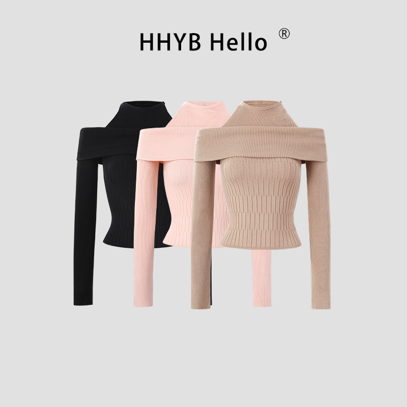 HHYB Hello2025假两件一字肩针织衫毛衣女秋冬修身露肩上衣M1366