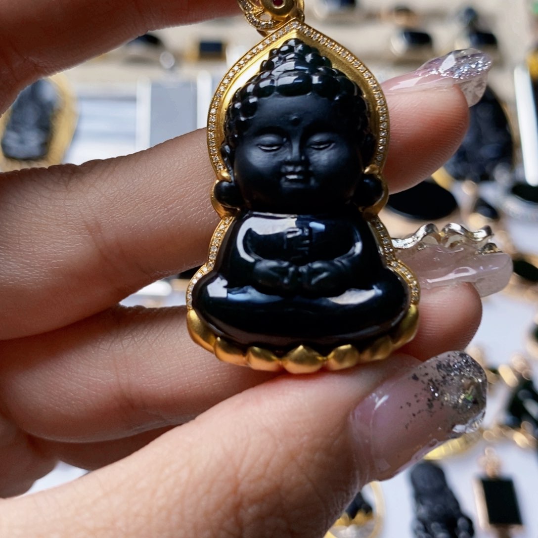 定制翡翠18K金镶嵌「*.墨翠