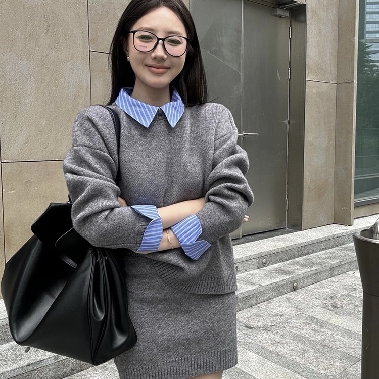 （运补6-8)时尚套装学院风衬衫拼接宽松毛衣高腰短裙两件套6108#