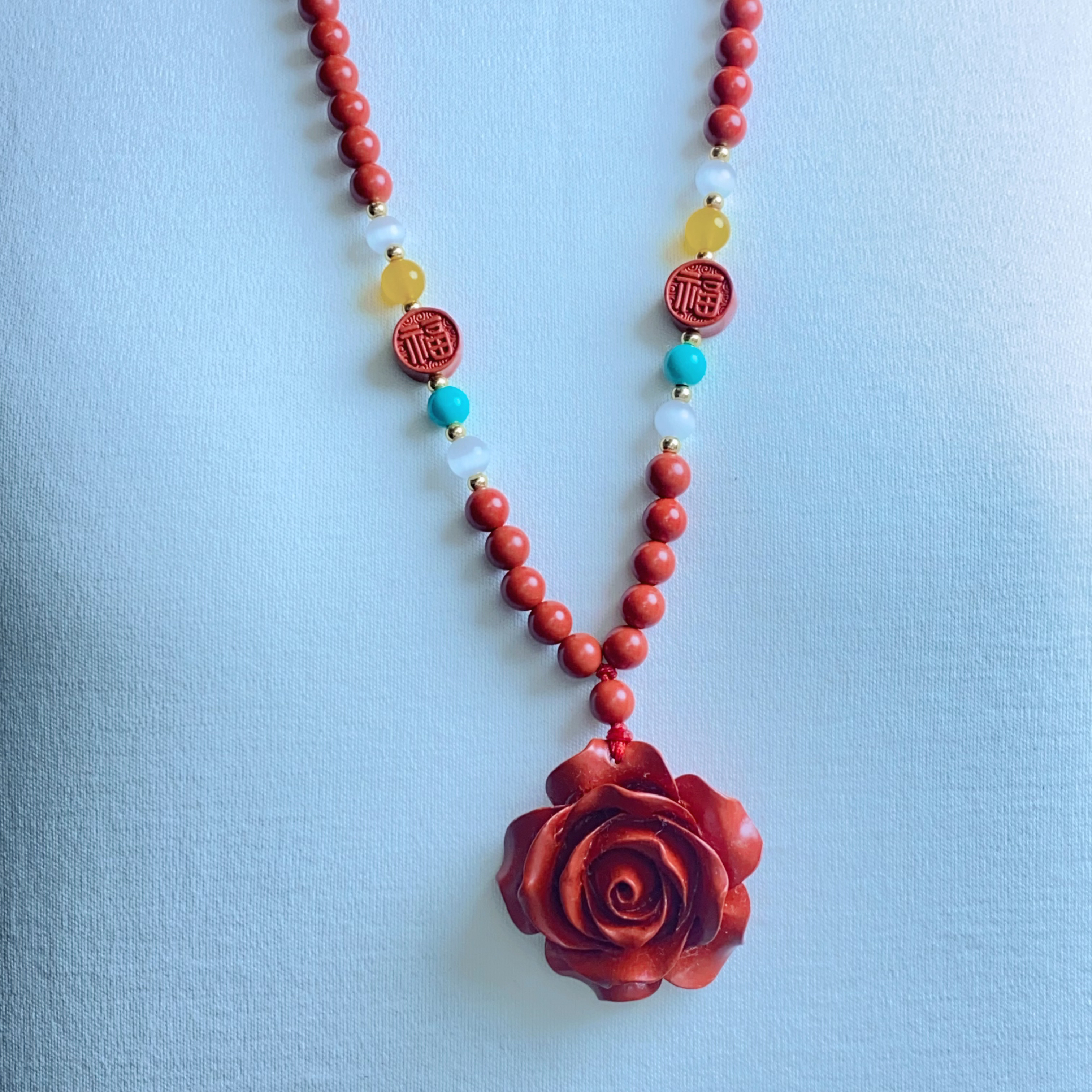 含辰砂工艺品含辰砂高含量红朱砂玫瑰花玛瑙绿松石猫眼石毛衣链