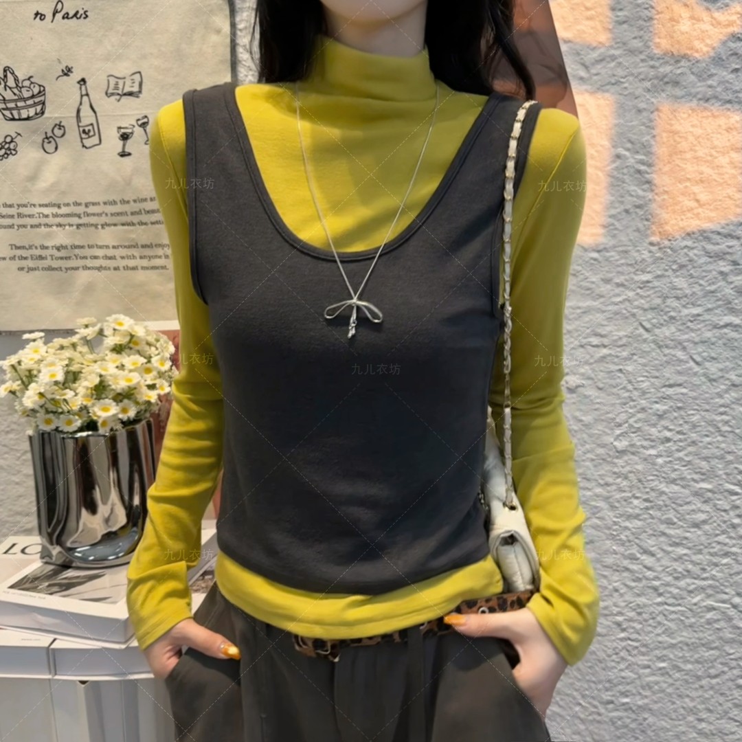 2025新款秋季半高领两件套长袖显瘦百搭韩版上衣女T恤1014