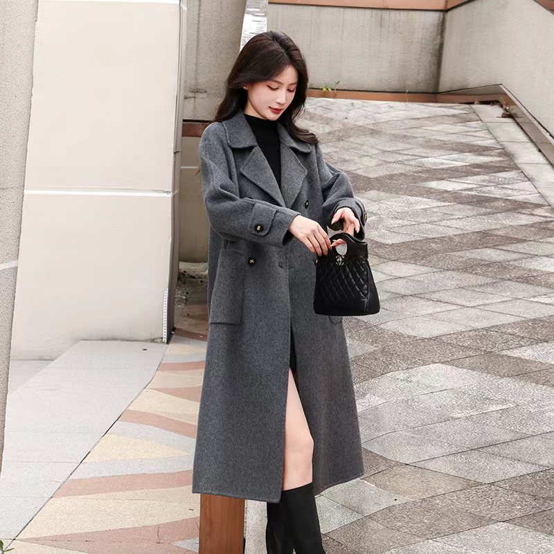 211-220秋冬长款半开领纯色毛呢外套过膝时尚气质款（非主图款）